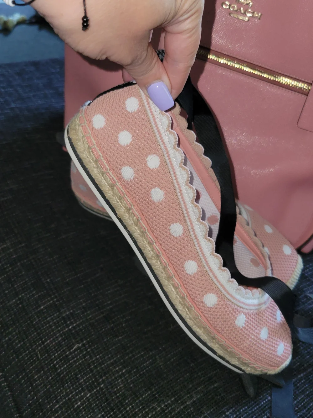 Kate Spade Pink Polka Dot Espadrille Flats with Black Ribbon
